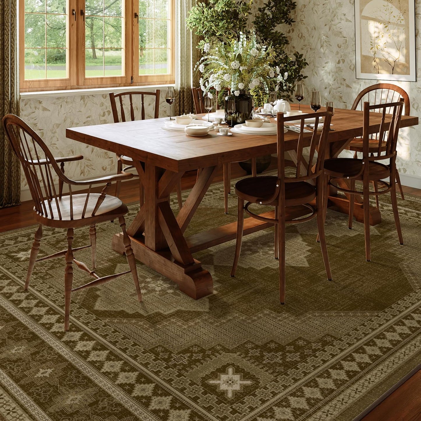 Vintage Area Rug 6x9 - Washable Ultra-Thin Area Rug Non-Slip Carpets - Soft & Stain Resistant Rug for Home Bedroom Dining Room Home Office Indoor Brown Yellow