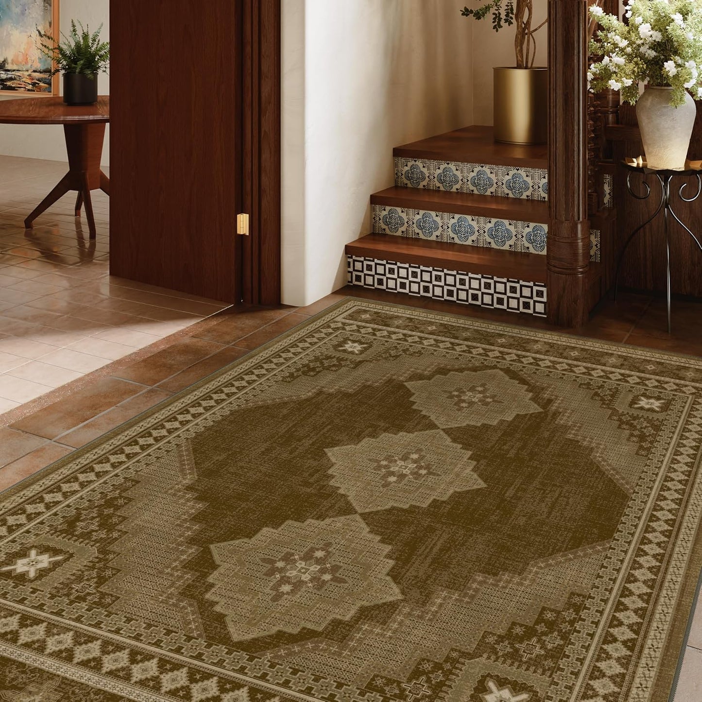 Vintage Area Rug 6x9 - Washable Ultra-Thin Area Rug Non-Slip Carpets - Soft & Stain Resistant Rug for Home Bedroom Dining Room Home Office Indoor Brown Yellow