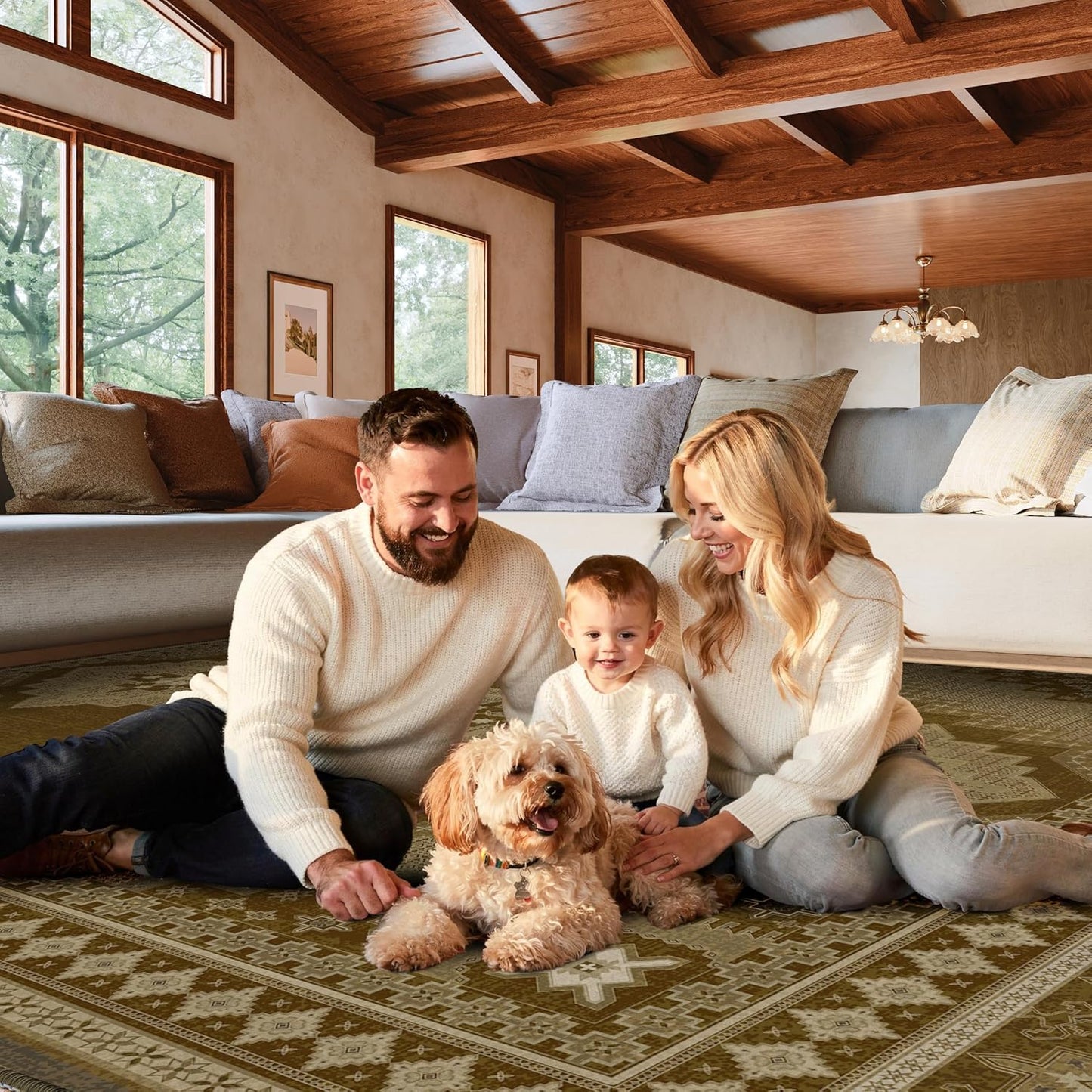 Vintage Area Rug 6x9 - Washable Ultra-Thin Area Rug Non-Slip Carpets - Soft & Stain Resistant Rug for Home Bedroom Dining Room Home Office Indoor Brown Yellow