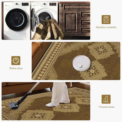 Vintage Area Rug 6x9 - Washable Ultra-Thin Area Rug Non-Slip Carpets - Soft & Stain Resistant Rug for Home Bedroom Dining Room Home Office Indoor Brown Yellow