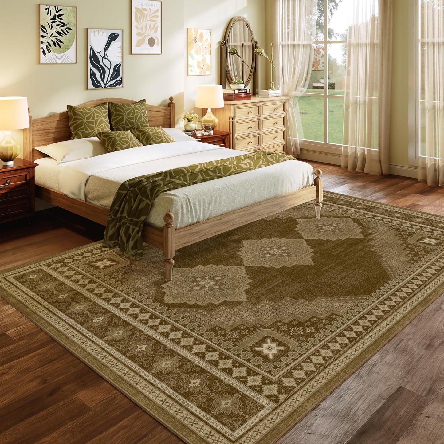 Vintage Area Rug 6x9 - Washable Ultra-Thin Area Rug Non-Slip Carpets - Soft & Stain Resistant Rug for Home Bedroom Dining Room Home Office Indoor Brown Yellow