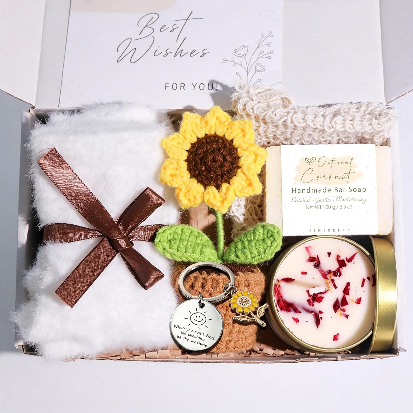 Birthday Gifts for Women Self Care Spa Gift Basket Crochet Sunflower Scented Candle Handmade Soap Get Well Soon Thinking of You Gifts for Mom Sister Friend Teacher Wife Her Relaxation Care Package