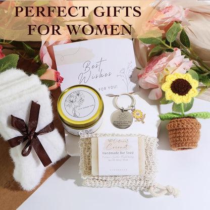 Birthday Gifts for Women Self Care Spa Gift Basket Crochet Sunflower Scented Candle Handmade Soap Get Well Soon Thinking of You Gifts for Mom Sister Friend Teacher Wife Her Relaxation Care Package