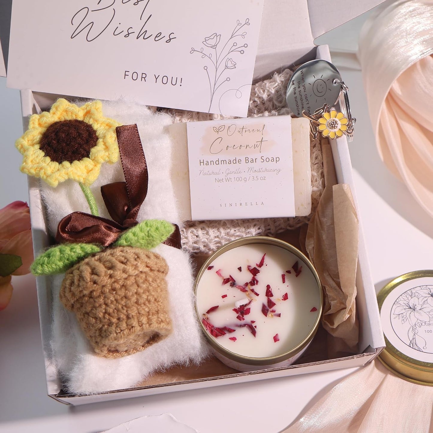 Birthday Gifts for Women Self Care Spa Gift Basket Crochet Sunflower Scented Candle Handmade Soap Get Well Soon Thinking of You Gifts for Mom Sister Friend Teacher Wife Her Relaxation Care Package