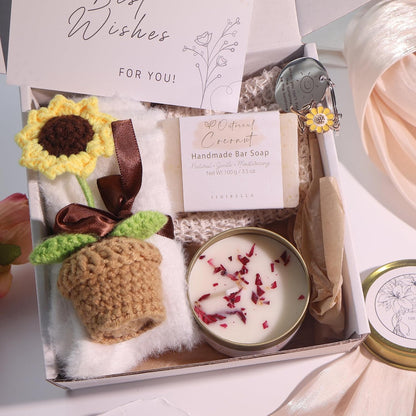 Birthday Gifts for Women Self Care Spa Gift Basket Crochet Sunflower Scented Candle Handmade Soap Get Well Soon Thinking of You Gifts for Mom Sister Friend Teacher Wife Her Relaxation Care Package
