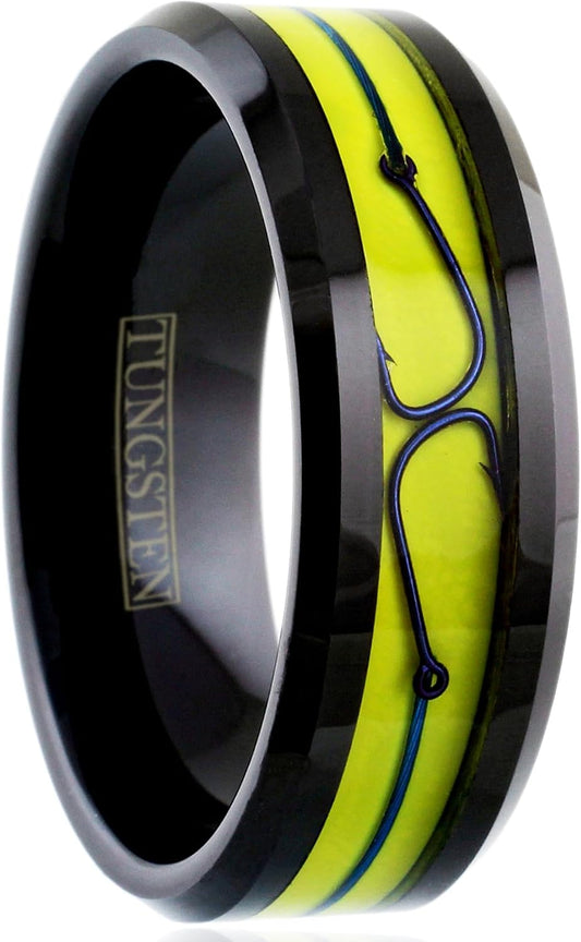 Awesome 8mm Polished Black Tungsten Carbide Flat Band Ring With Metallic Blue Fish Hooks on Brilliant Yellow Enamel Inlay.