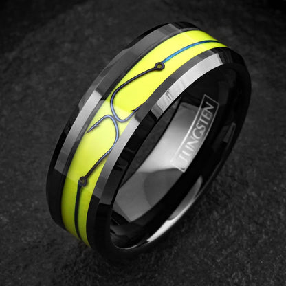 Awesome 8mm Polished Black Tungsten Carbide Flat Band Ring With Metallic Blue Fish Hooks on Brilliant Yellow Enamel Inlay.