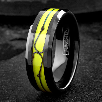 Awesome 8mm Polished Black Tungsten Carbide Flat Band Ring With Metallic Blue Fish Hooks on Brilliant Yellow Enamel Inlay.
