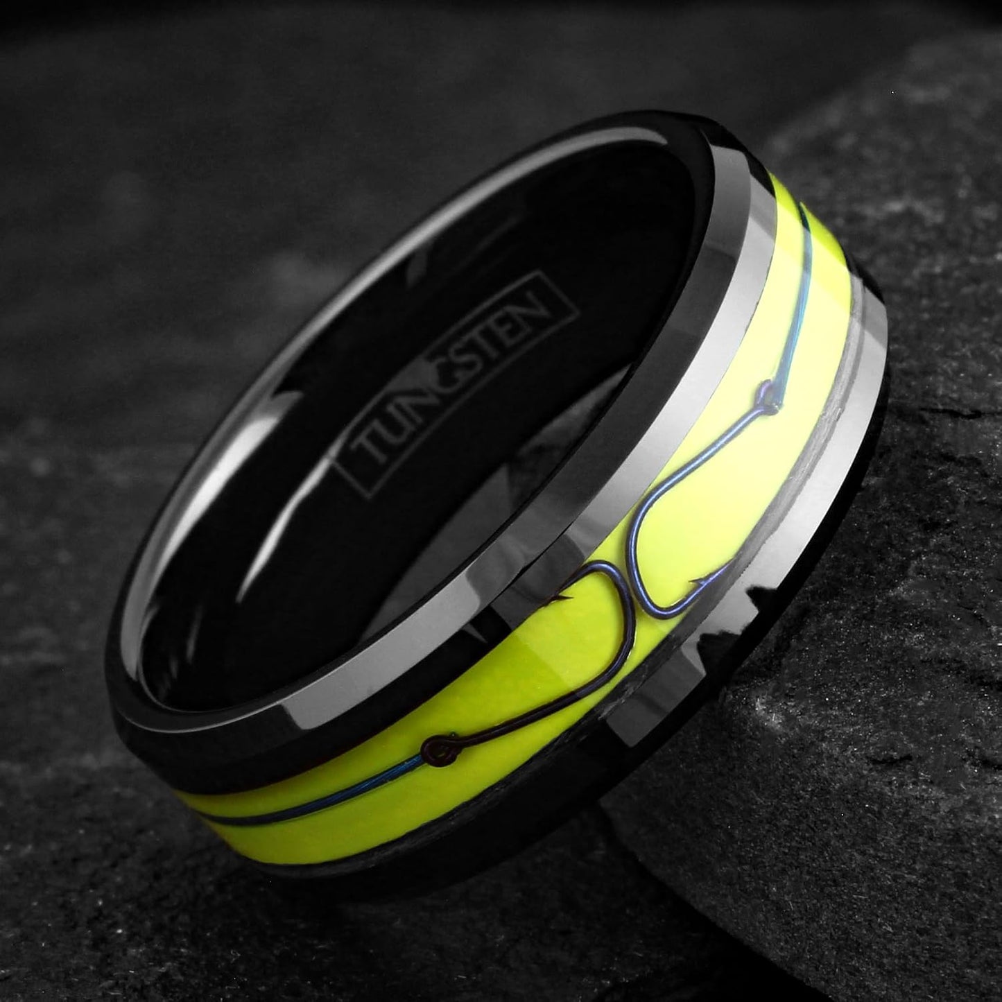 Awesome 8mm Polished Black Tungsten Carbide Flat Band Ring With Metallic Blue Fish Hooks on Brilliant Yellow Enamel Inlay.