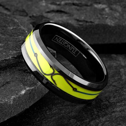 Awesome 8mm Polished Black Tungsten Carbide Flat Band Ring With Metallic Blue Fish Hooks on Brilliant Yellow Enamel Inlay.