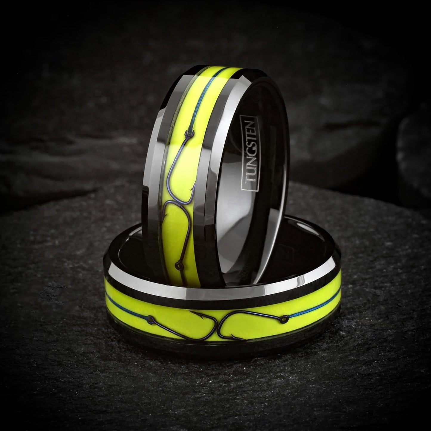 Awesome 8mm Polished Black Tungsten Carbide Flat Band Ring With Metallic Blue Fish Hooks on Brilliant Yellow Enamel Inlay.