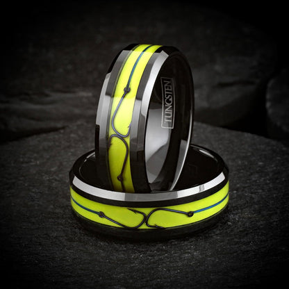 Awesome 8mm Polished Black Tungsten Carbide Flat Band Ring With Metallic Blue Fish Hooks on Brilliant Yellow Enamel Inlay.