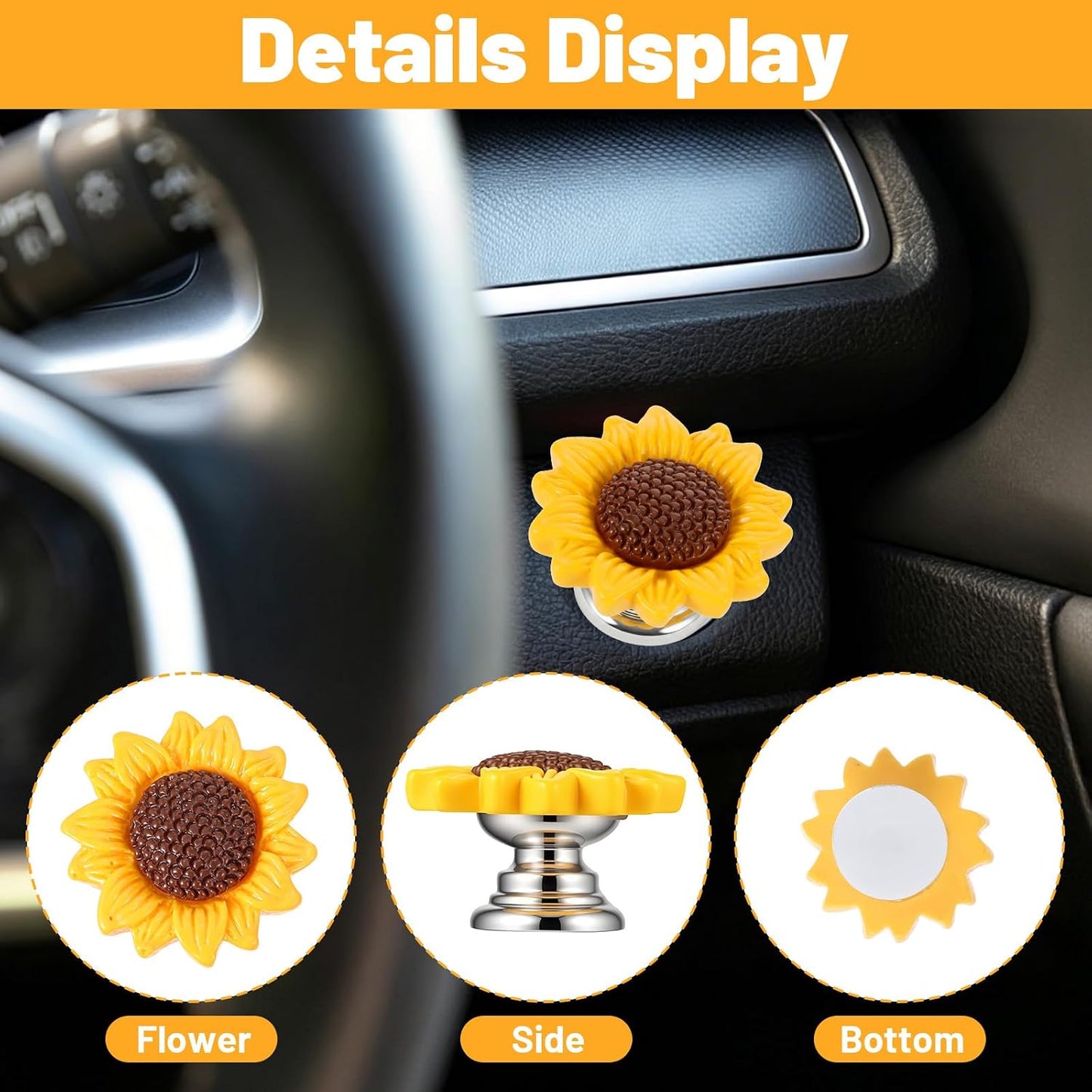 2 Pcs Push Start Button Cover, Cute Resin Flower Sunflower Car Accessories, Decorative Engine Start Stop Button Cover for Car Interior (Yellow, 1.1 x 1.1 In)