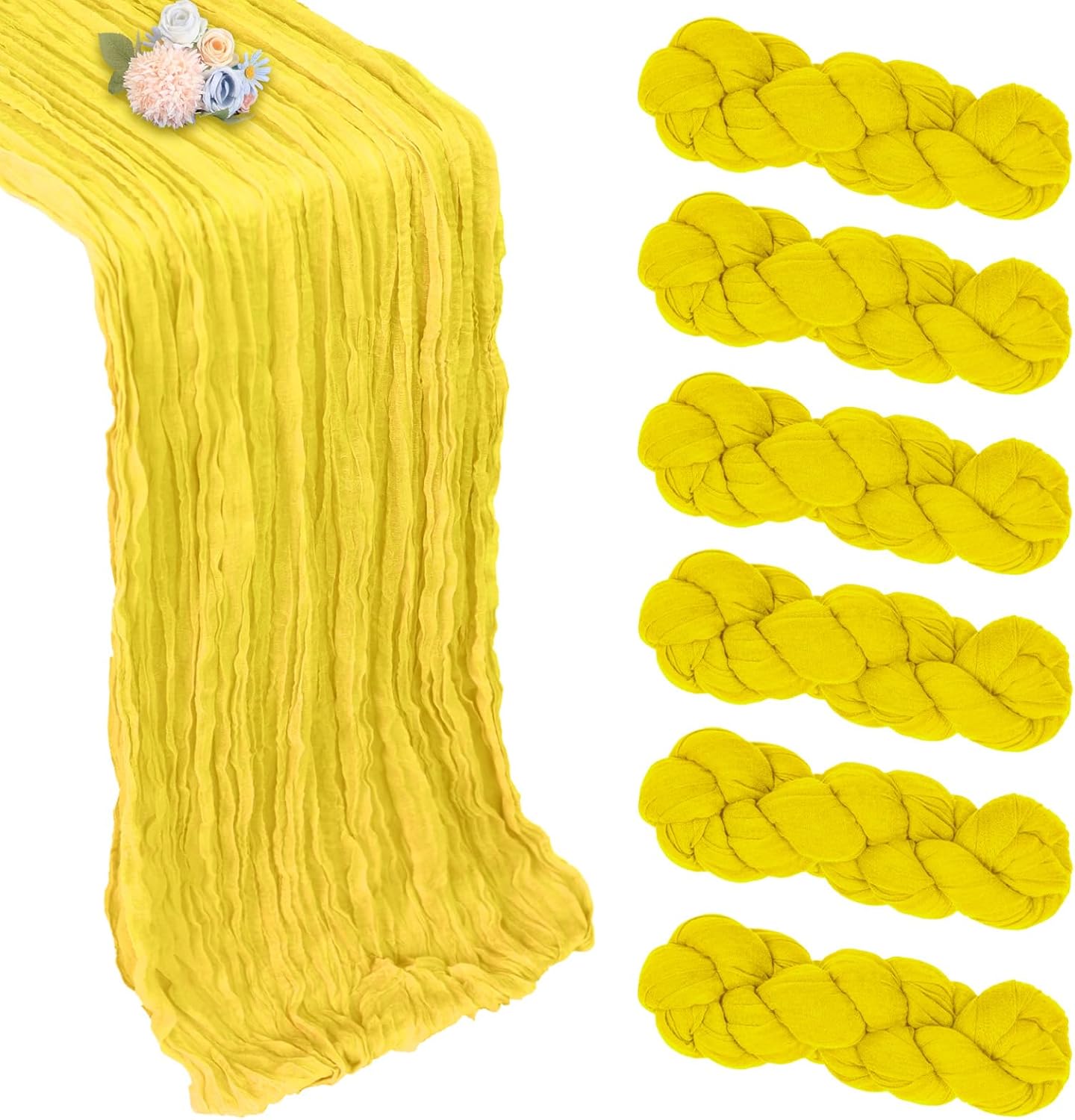 6 Pack Lemon Yellow Table Runner 10ft Boho Gauze Fabric Cheesecloth Table Runner 35 x 120 Inch Rustic Sheer Runner for Holiday Baby Shower Home Décor Party Wedding Decoration