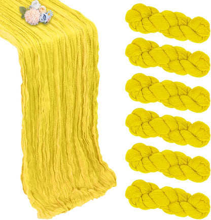 6 Pack Lemon Yellow Table Runner 10ft Boho Gauze Fabric Cheesecloth Table Runner 35 x 120 Inch Rustic Sheer Runner for Holiday Baby Shower Home Décor Party Wedding Decoration