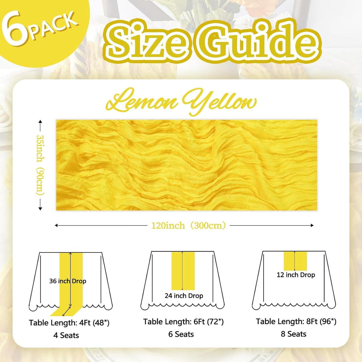 6 Pack Lemon Yellow Table Runner 10ft Boho Gauze Fabric Cheesecloth Table Runner 35 x 120 Inch Rustic Sheer Runner for Holiday Baby Shower Home Décor Party Wedding Decoration