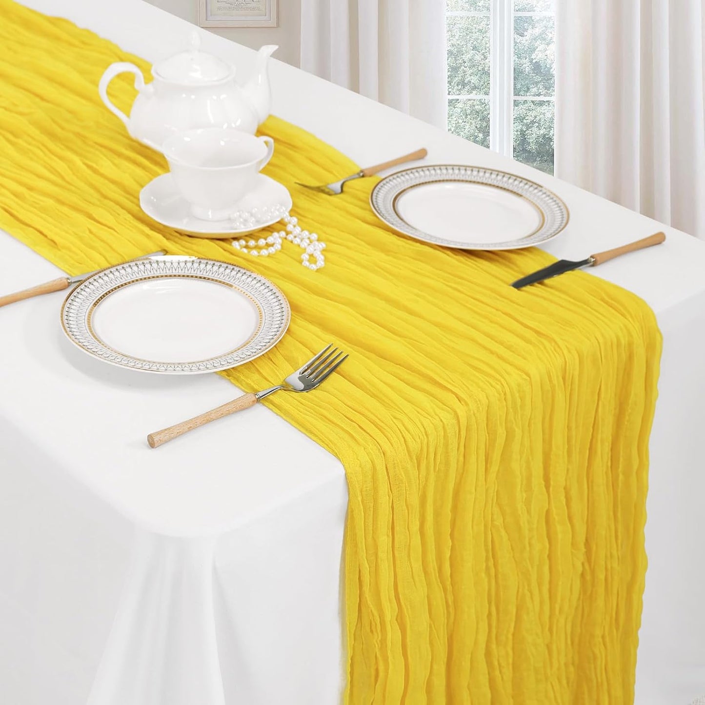 6 Pack Lemon Yellow Table Runner 10ft Boho Gauze Fabric Cheesecloth Table Runner 35 x 120 Inch Rustic Sheer Runner for Holiday Baby Shower Home Décor Party Wedding Decoration