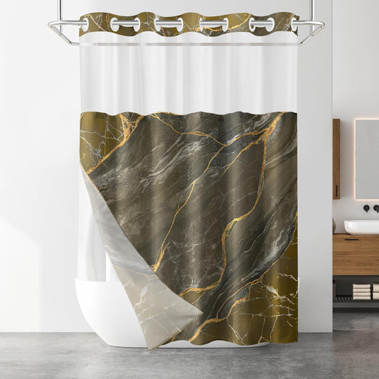 No Hook Shower Curtain with Snap in Liner Set, Yellow Marble Design, Waterproof Washable Fabric Hotel Shower Curtains for Bathroom Decor with See Through Mesh Top Window 71x74 Inch