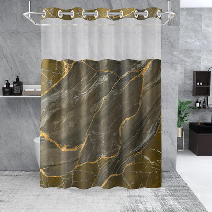 No Hook Shower Curtain with Snap in Liner Set, Yellow Marble Design, Waterproof Washable Fabric Hotel Shower Curtains for Bathroom Decor with See Through Mesh Top Window 71x74 Inch