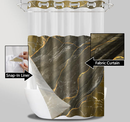 No Hook Shower Curtain with Snap in Liner Set, Yellow Marble Design, Waterproof Washable Fabric Hotel Shower Curtains for Bathroom Decor with See Through Mesh Top Window 71x74 Inch
