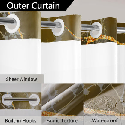 No Hook Shower Curtain with Snap in Liner Set, Yellow Marble Design, Waterproof Washable Fabric Hotel Shower Curtains for Bathroom Decor with See Through Mesh Top Window 71x74 Inch