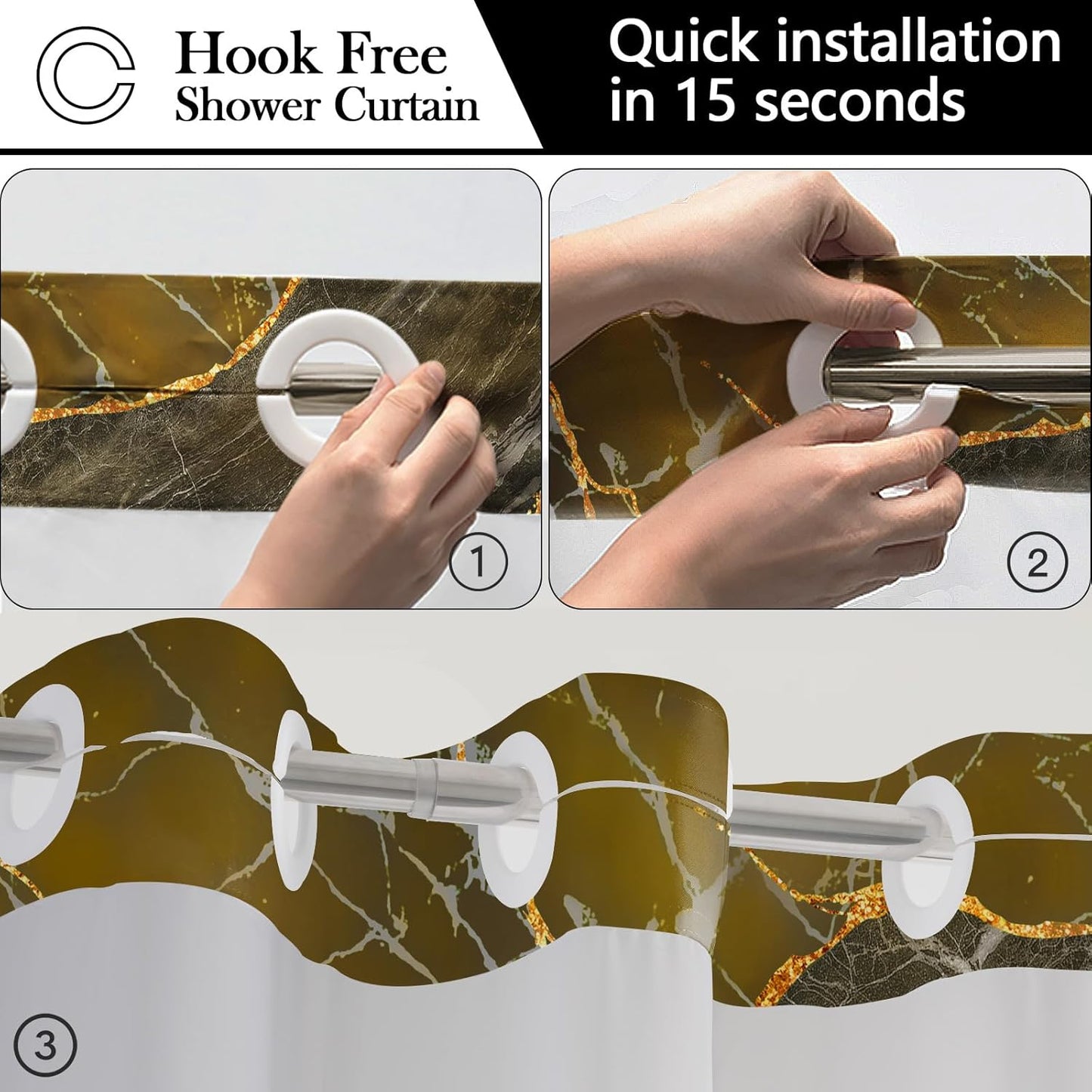 No Hook Shower Curtain with Snap in Liner Set, Yellow Marble Design, Waterproof Washable Fabric Hotel Shower Curtains for Bathroom Decor with See Through Mesh Top Window 71x74 Inch