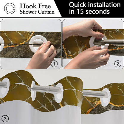 No Hook Shower Curtain with Snap in Liner Set, Yellow Marble Design, Waterproof Washable Fabric Hotel Shower Curtains for Bathroom Decor with See Through Mesh Top Window 71x74 Inch