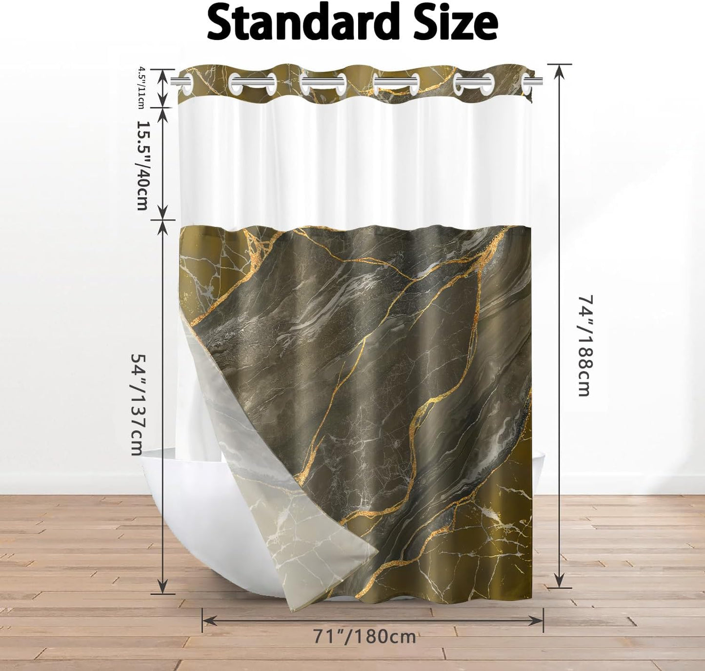 No Hook Shower Curtain with Snap in Liner Set, Yellow Marble Design, Waterproof Washable Fabric Hotel Shower Curtains for Bathroom Decor with See Through Mesh Top Window 71x74 Inch