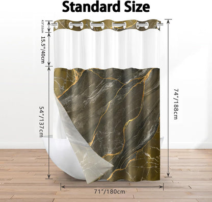 No Hook Shower Curtain with Snap in Liner Set, Yellow Marble Design, Waterproof Washable Fabric Hotel Shower Curtains for Bathroom Decor with See Through Mesh Top Window 71x74 Inch