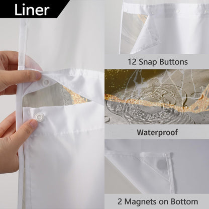 No Hook Shower Curtain with Snap in Liner Set, Yellow Marble Design, Waterproof Washable Fabric Hotel Shower Curtains for Bathroom Decor with See Through Mesh Top Window 71x74 Inch