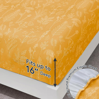 100% Natural Cotton Percale Sheets Set,Queen Size 4 PC, Breathable&Durable Hotel Quality Bedding, 16" Deep Pocket Botanical Floral Bedsheets,Yellow