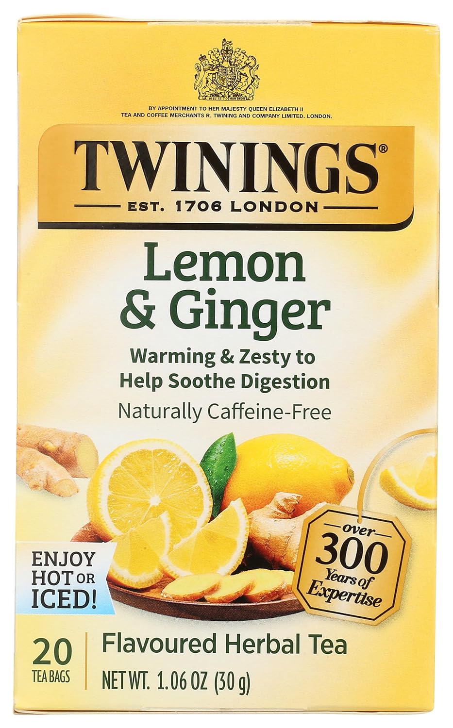 Lemon & Ginger Herbal Tea Individually Wrapped Bags, 20 Count (Pack of 1), Tangy Lemon, Spicy Ginger, Naturally Caffeine-Free, Enjoy Hot or Iced, 20 Teabags