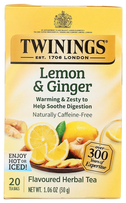 Lemon & Ginger Herbal Tea Individually Wrapped Bags, 20 Count (Pack of 1), Tangy Lemon, Spicy Ginger, Naturally Caffeine-Free, Enjoy Hot or Iced, 20 Teabags