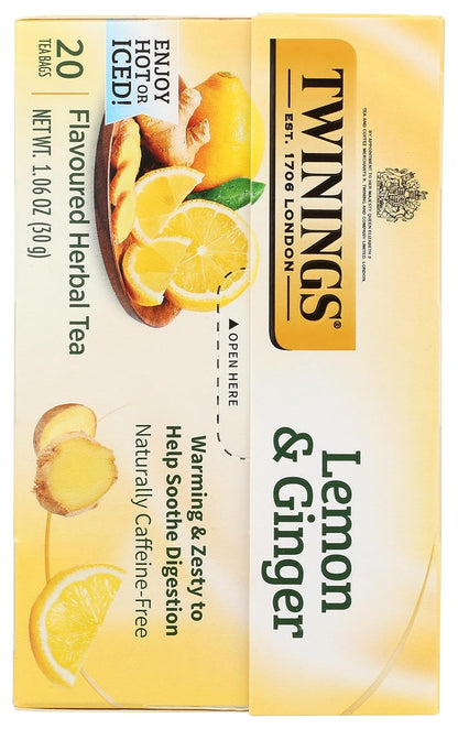 Lemon & Ginger Herbal Tea Individually Wrapped Bags, 20 Count (Pack of 1), Tangy Lemon, Spicy Ginger, Naturally Caffeine-Free, Enjoy Hot or Iced, 20 Teabags