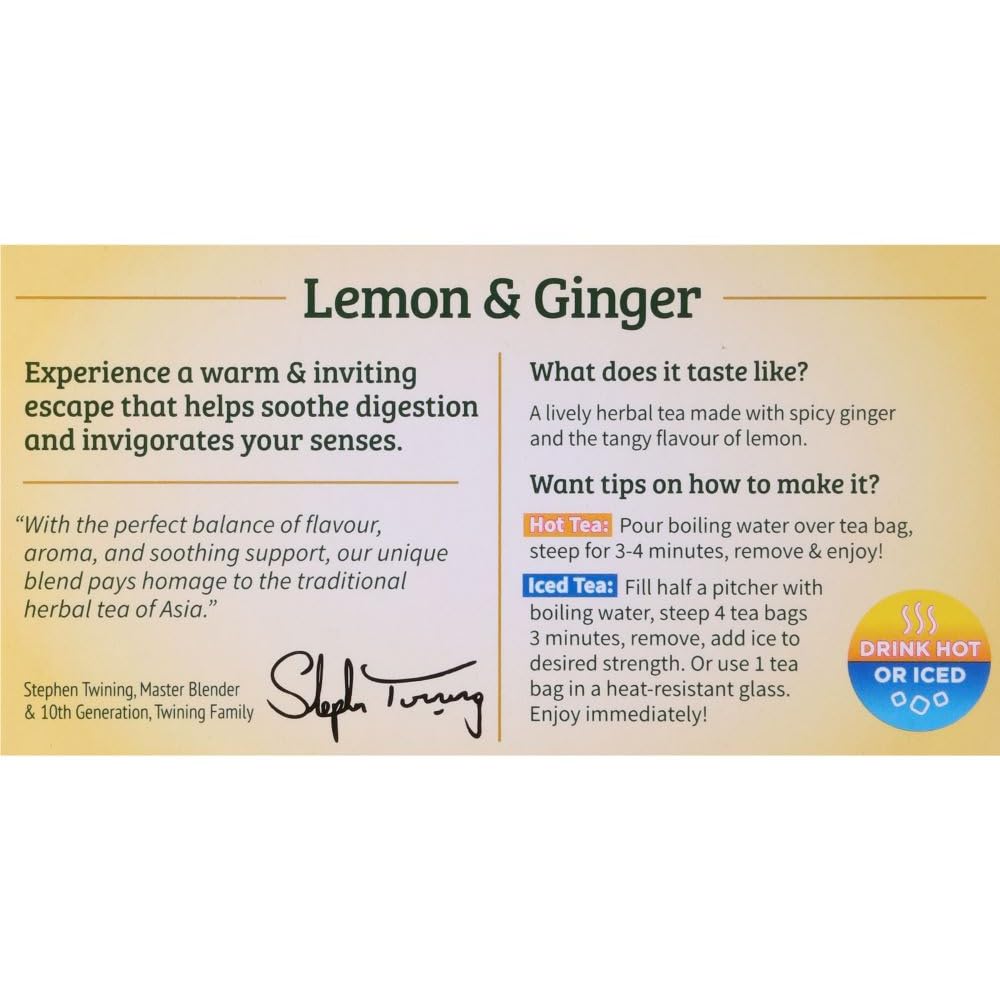 Lemon & Ginger Herbal Tea Individually Wrapped Bags, 20 Count (Pack of 1), Tangy Lemon, Spicy Ginger, Naturally Caffeine-Free, Enjoy Hot or Iced, 20 Teabags