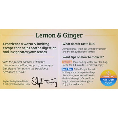 Lemon & Ginger Herbal Tea Individually Wrapped Bags, 20 Count (Pack of 1), Tangy Lemon, Spicy Ginger, Naturally Caffeine-Free, Enjoy Hot or Iced, 20 Teabags