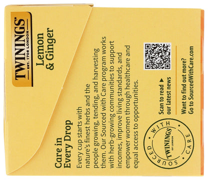 Lemon & Ginger Herbal Tea Individually Wrapped Bags, 20 Count (Pack of 1), Tangy Lemon, Spicy Ginger, Naturally Caffeine-Free, Enjoy Hot or Iced, 20 Teabags