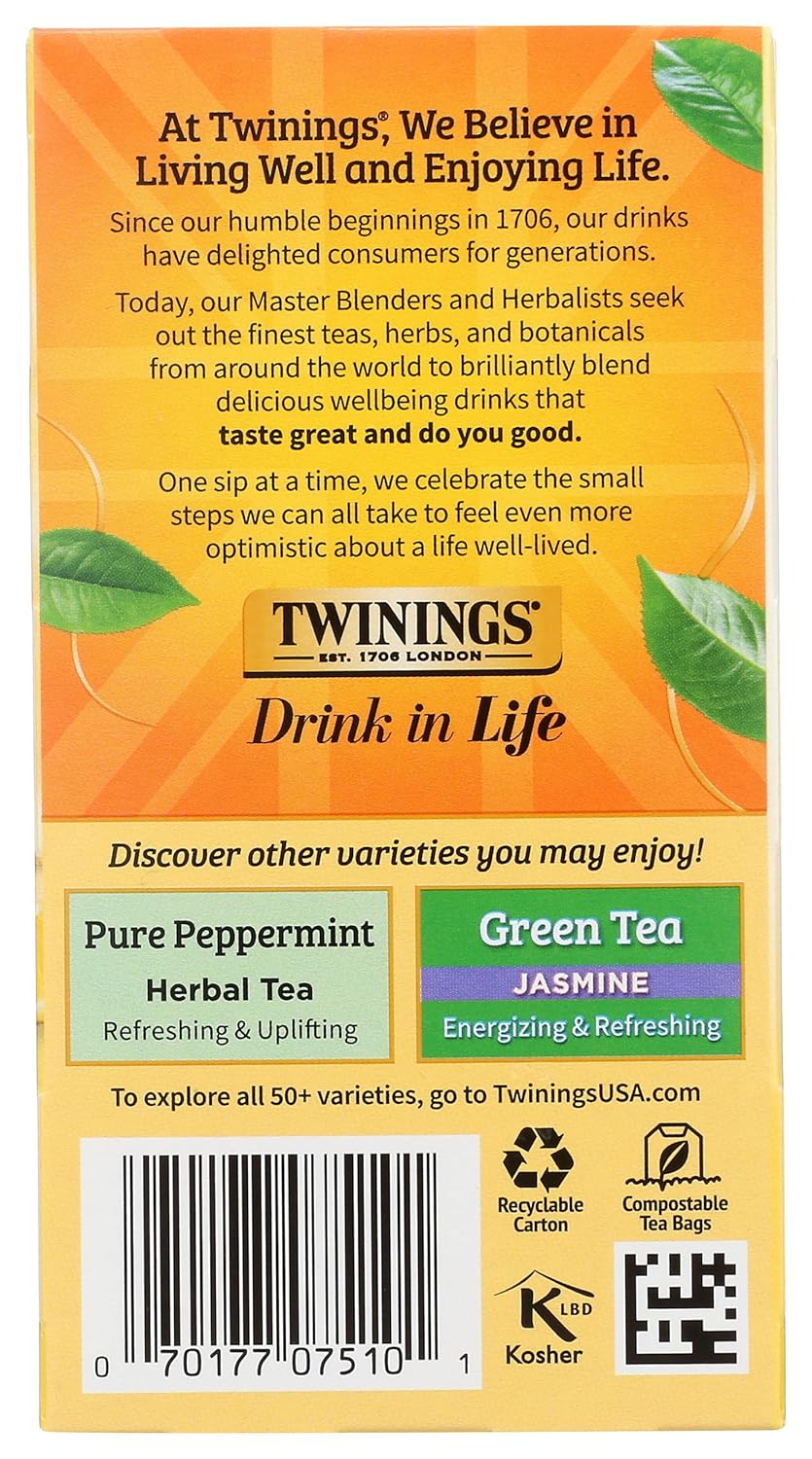 Lemon & Ginger Herbal Tea Individually Wrapped Bags, 20 Count (Pack of 1), Tangy Lemon, Spicy Ginger, Naturally Caffeine-Free, Enjoy Hot or Iced, 20 Teabags