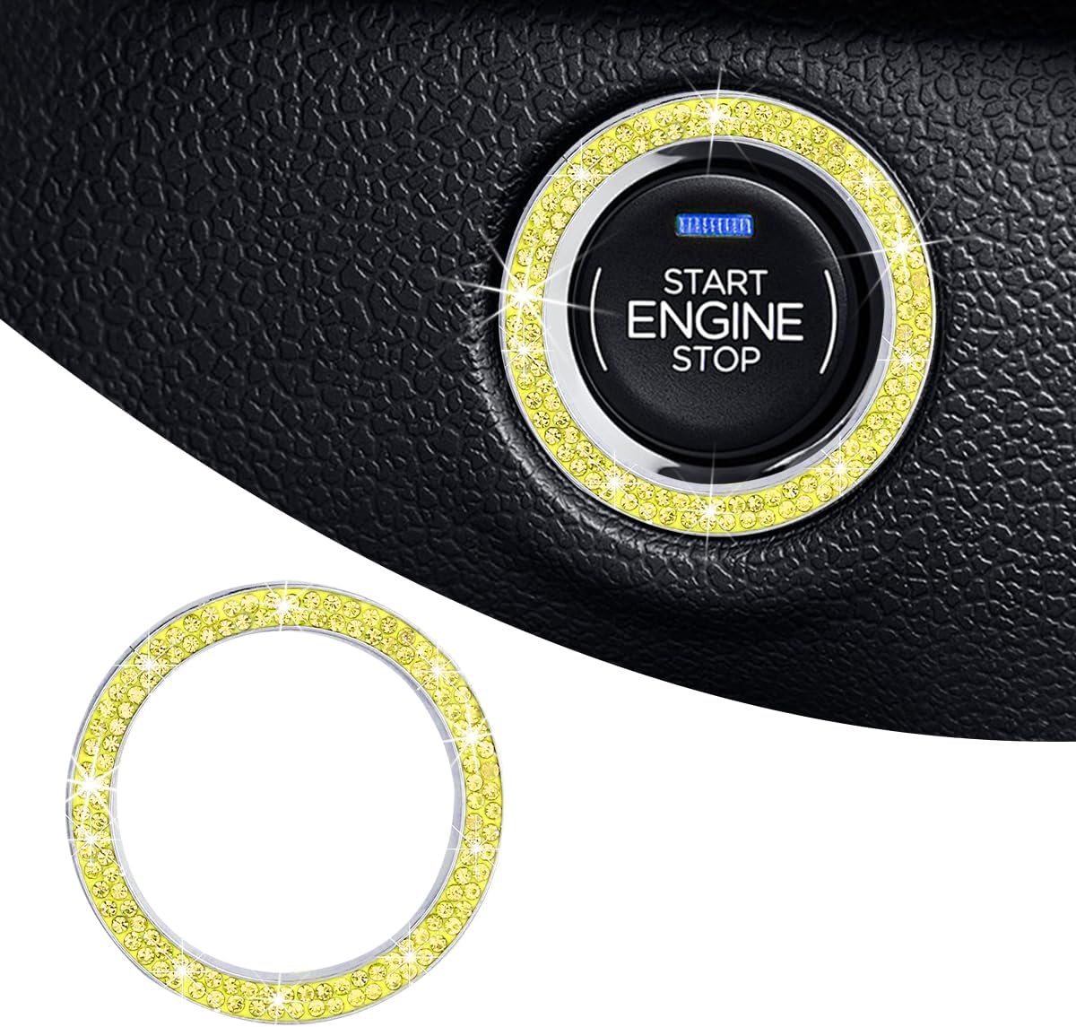 Car Bling Engine Start Ring Decal, Crystal Rhinestone Push to Start Button Cover Sticker, Auto Sparkling Key Ignition Knob Decoration Ring for Women Girls, Car Accessories (Yellow)