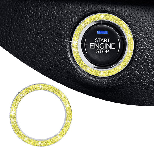 Car Bling Engine Start Ring Decal, Crystal Rhinestone Push to Start Button Cover Sticker, Auto Sparkling Key Ignition Knob Decoration Ring for Women Girls, Car Accessories (Yellow)
