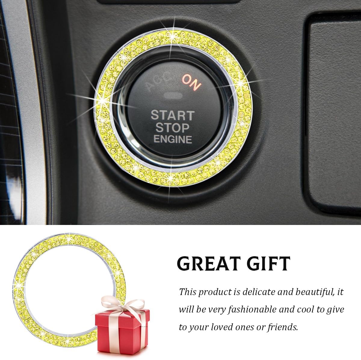 Car Bling Engine Start Ring Decal, Crystal Rhinestone Push to Start Button Cover Sticker, Auto Sparkling Key Ignition Knob Decoration Ring for Women Girls, Car Accessories (Yellow)