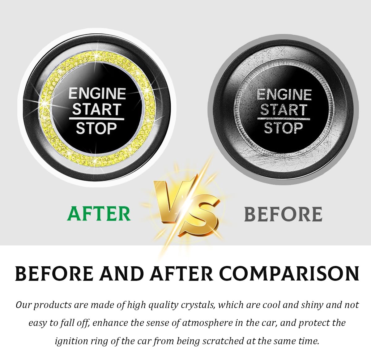 Car Bling Engine Start Ring Decal, Crystal Rhinestone Push to Start Button Cover Sticker, Auto Sparkling Key Ignition Knob Decoration Ring for Women Girls, Car Accessories (Yellow)