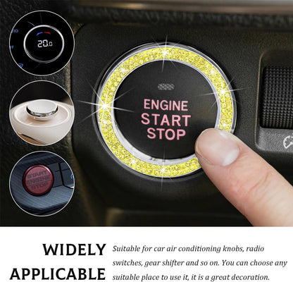Car Bling Engine Start Ring Decal, Crystal Rhinestone Push to Start Button Cover Sticker, Auto Sparkling Key Ignition Knob Decoration Ring for Women Girls, Car Accessories (Yellow)