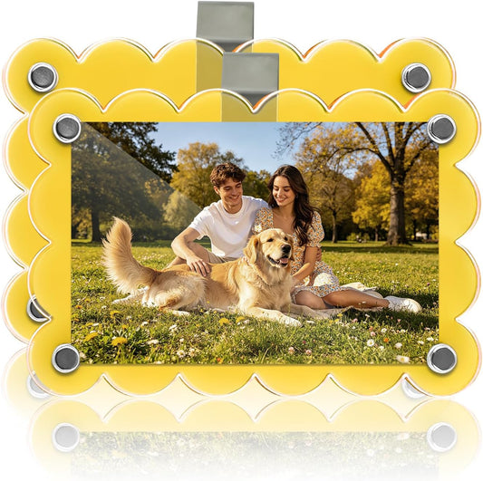 2Pcs Magnetic Car Visor Photo Holder, Scalloped Yellow, 2.4 x 3.5 in | Clear Acrylic Car Picture Frame, Personalized Picture Frame Clip for Sun Visor, For Family, Pets, Travel Photos