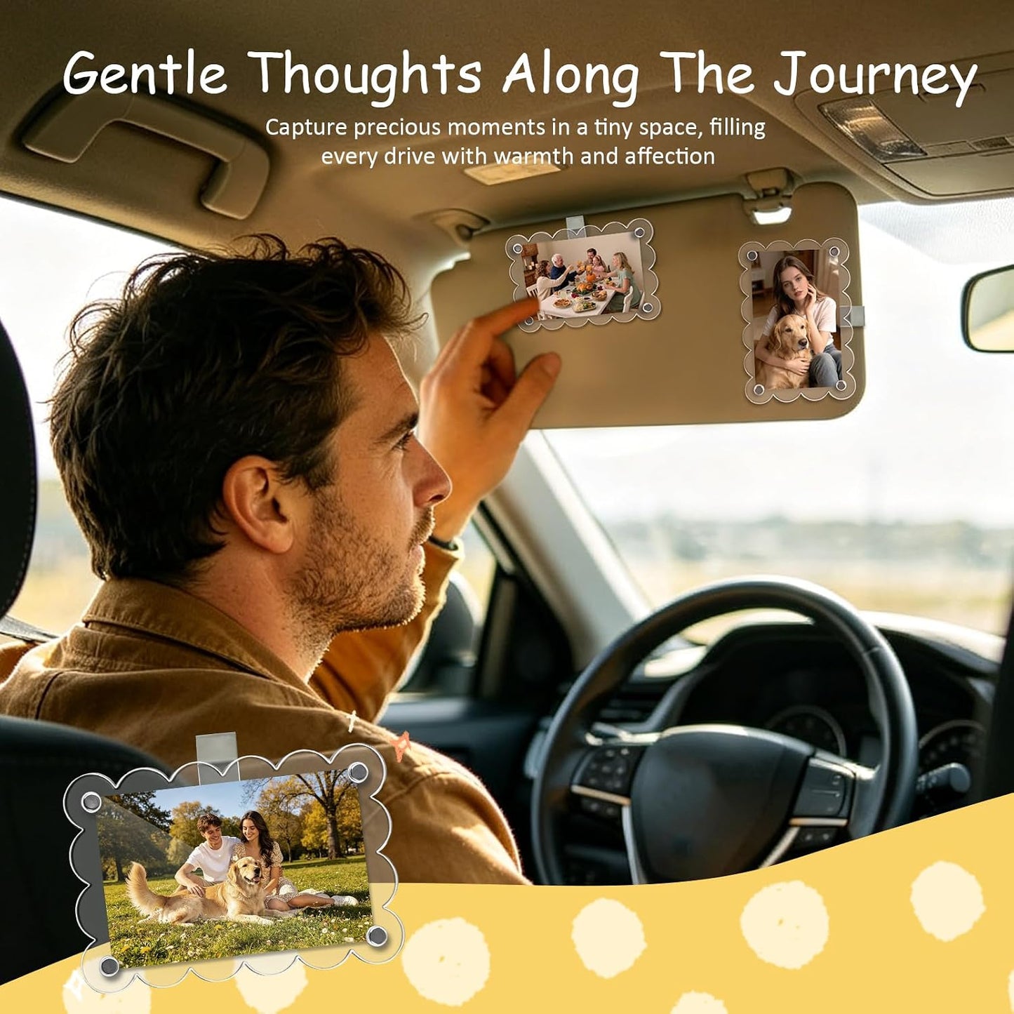 2Pcs Magnetic Car Visor Photo Holder, Scalloped Yellow, 2.4 x 3.5 in | Clear Acrylic Car Picture Frame, Personalized Picture Frame Clip for Sun Visor, For Family, Pets, Travel Photos