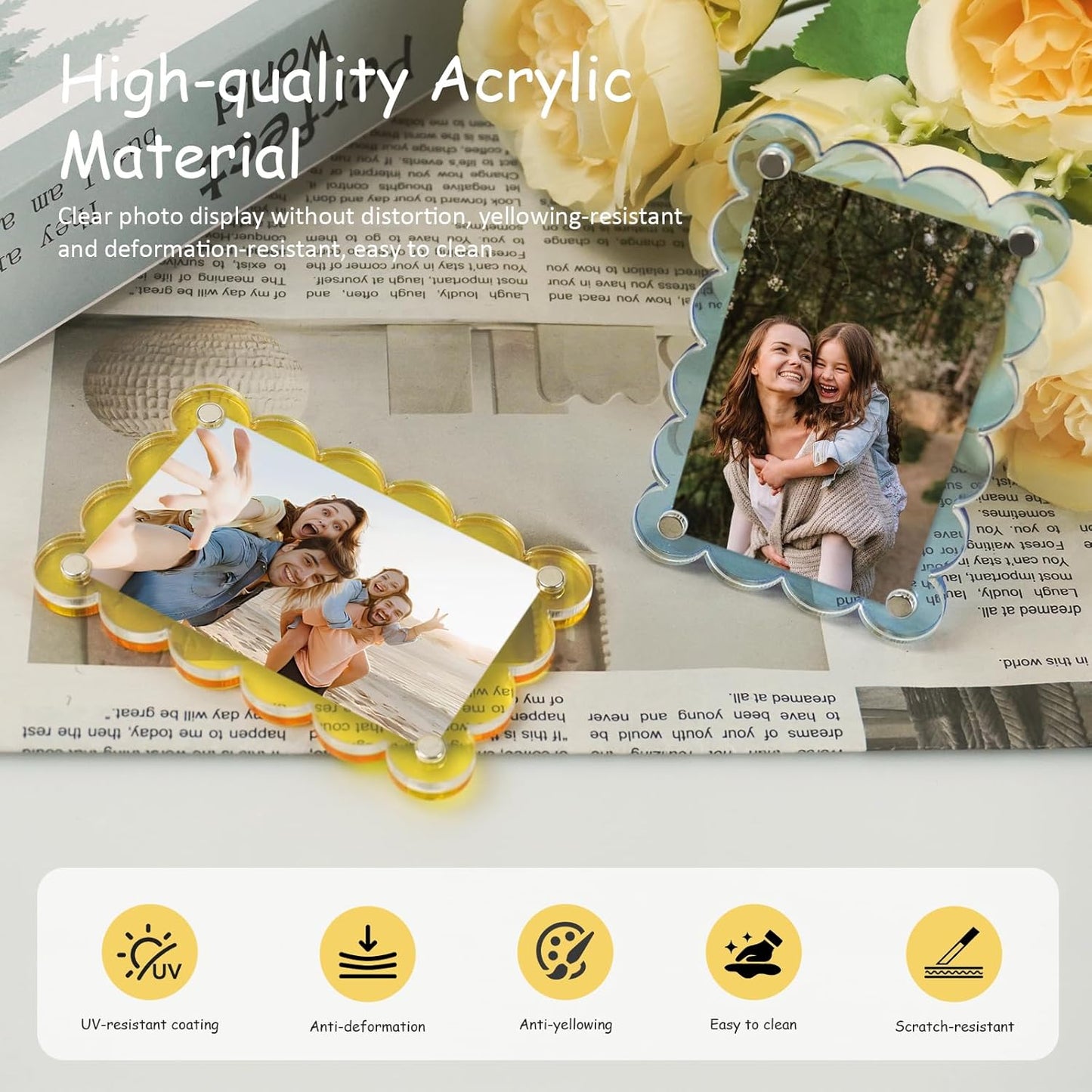 2Pcs Magnetic Car Visor Photo Holder, Scalloped Yellow, 2.4 x 3.5 in | Clear Acrylic Car Picture Frame, Personalized Picture Frame Clip for Sun Visor, For Family, Pets, Travel Photos