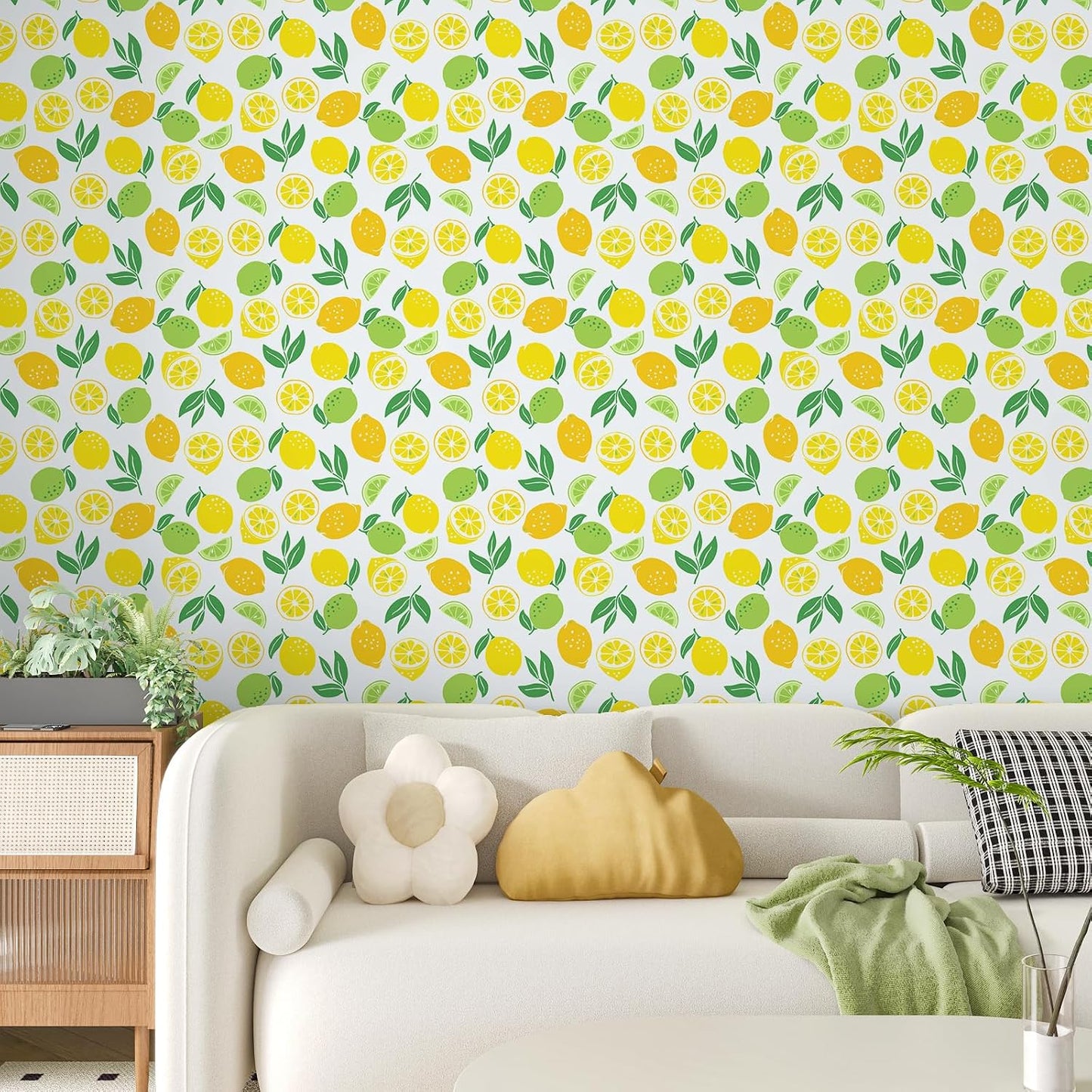 Fresh Lemon Peel and Stick Wallpaper Roll 12"x100" Yellow Lemon Green Lime Citrus Fruit Leaf Wallpaper for Kitchen Bedroom Living Room Self Adhesive Contact Paper Removable Vinyl Wall Mural