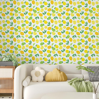 Fresh Lemon Peel and Stick Wallpaper Roll 12"x100" Yellow Lemon Green Lime Citrus Fruit Leaf Wallpaper for Kitchen Bedroom Living Room Self Adhesive Contact Paper Removable Vinyl Wall Mural