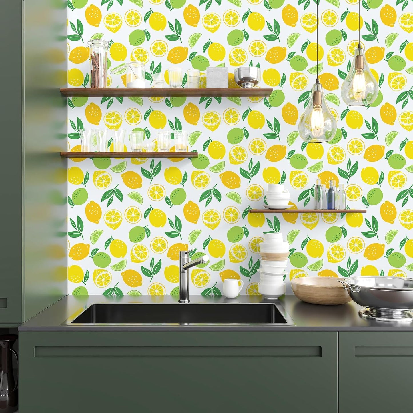 Fresh Lemon Peel and Stick Wallpaper Roll 12"x100" Yellow Lemon Green Lime Citrus Fruit Leaf Wallpaper for Kitchen Bedroom Living Room Self Adhesive Contact Paper Removable Vinyl Wall Mural
