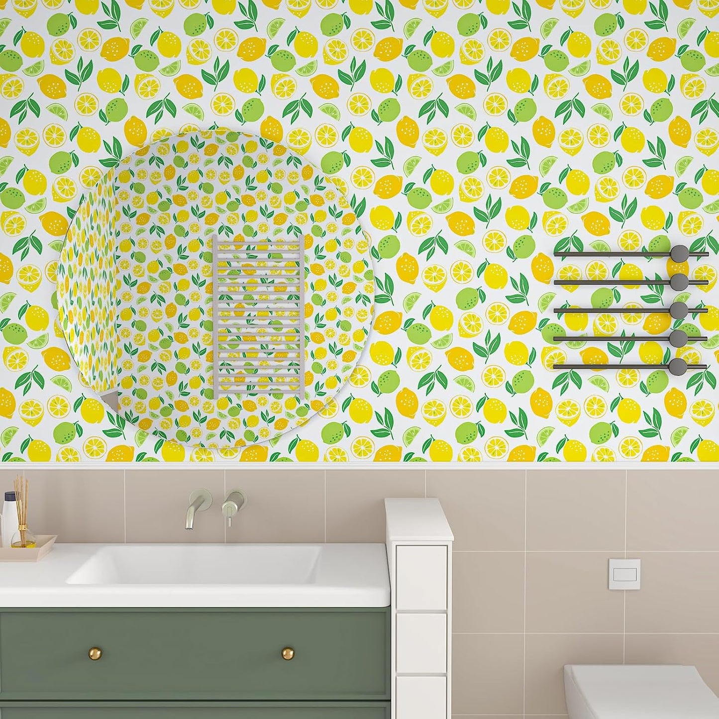 Fresh Lemon Peel and Stick Wallpaper Roll 12"x100" Yellow Lemon Green Lime Citrus Fruit Leaf Wallpaper for Kitchen Bedroom Living Room Self Adhesive Contact Paper Removable Vinyl Wall Mural